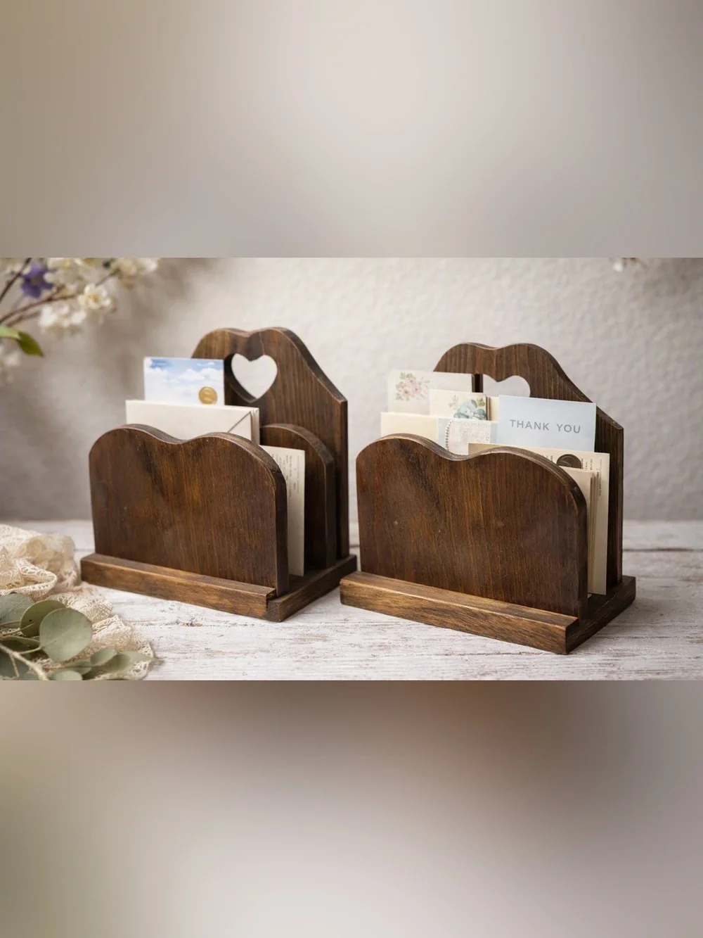 Vintage wooden heart cut out mail sorters, Country farmhouse desk decor, bookend